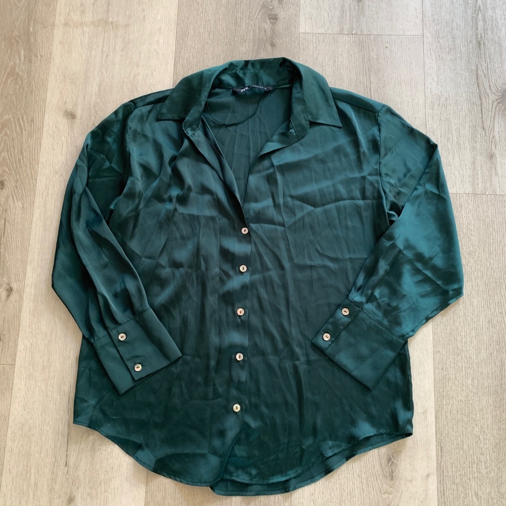 ZARA Emerald Green Satin Button Down Blouse‎ Long Sleeve Shirt Womens Size M